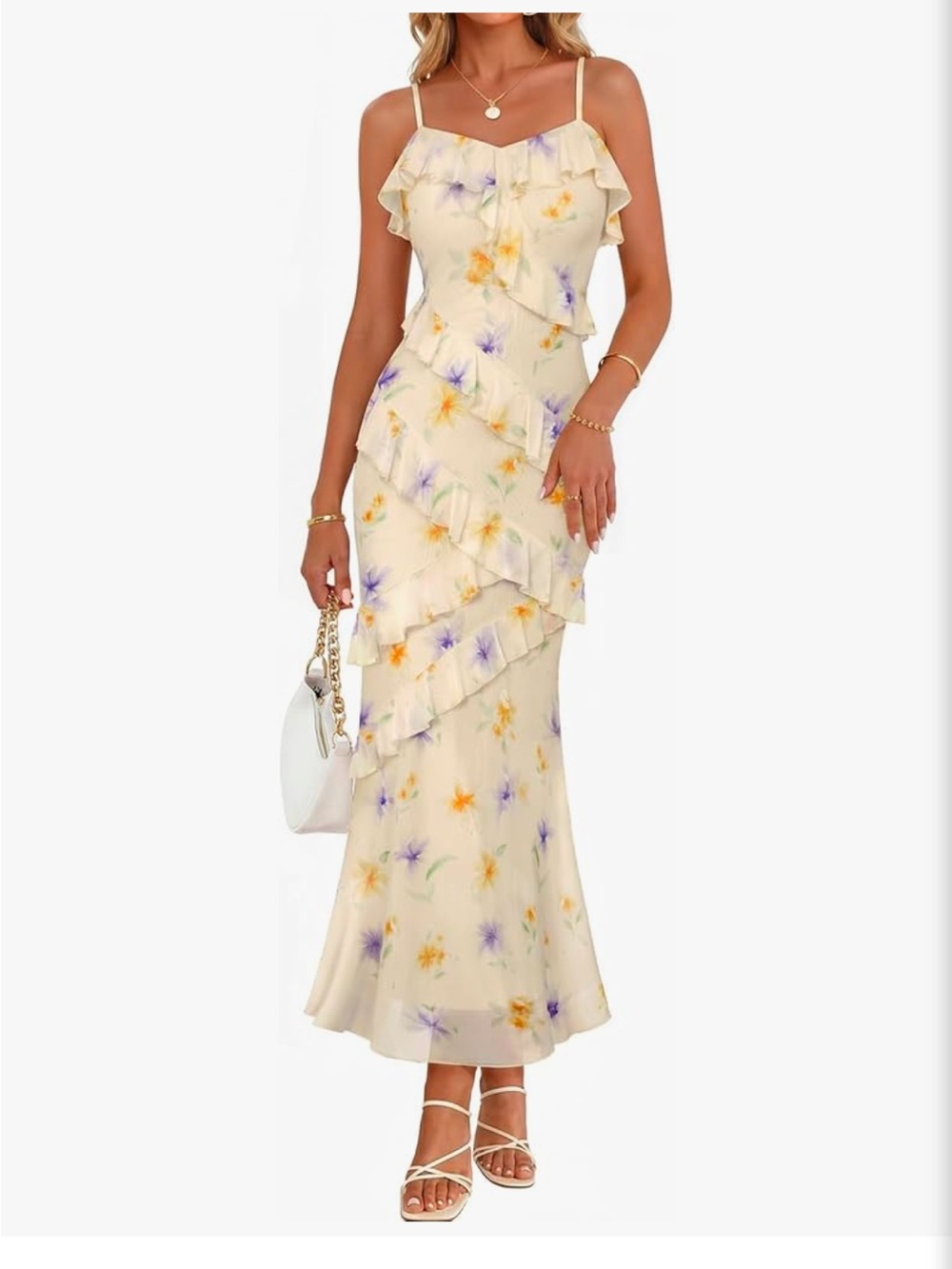 Sleeveless Cream Floral Ruffle Maxi Dress